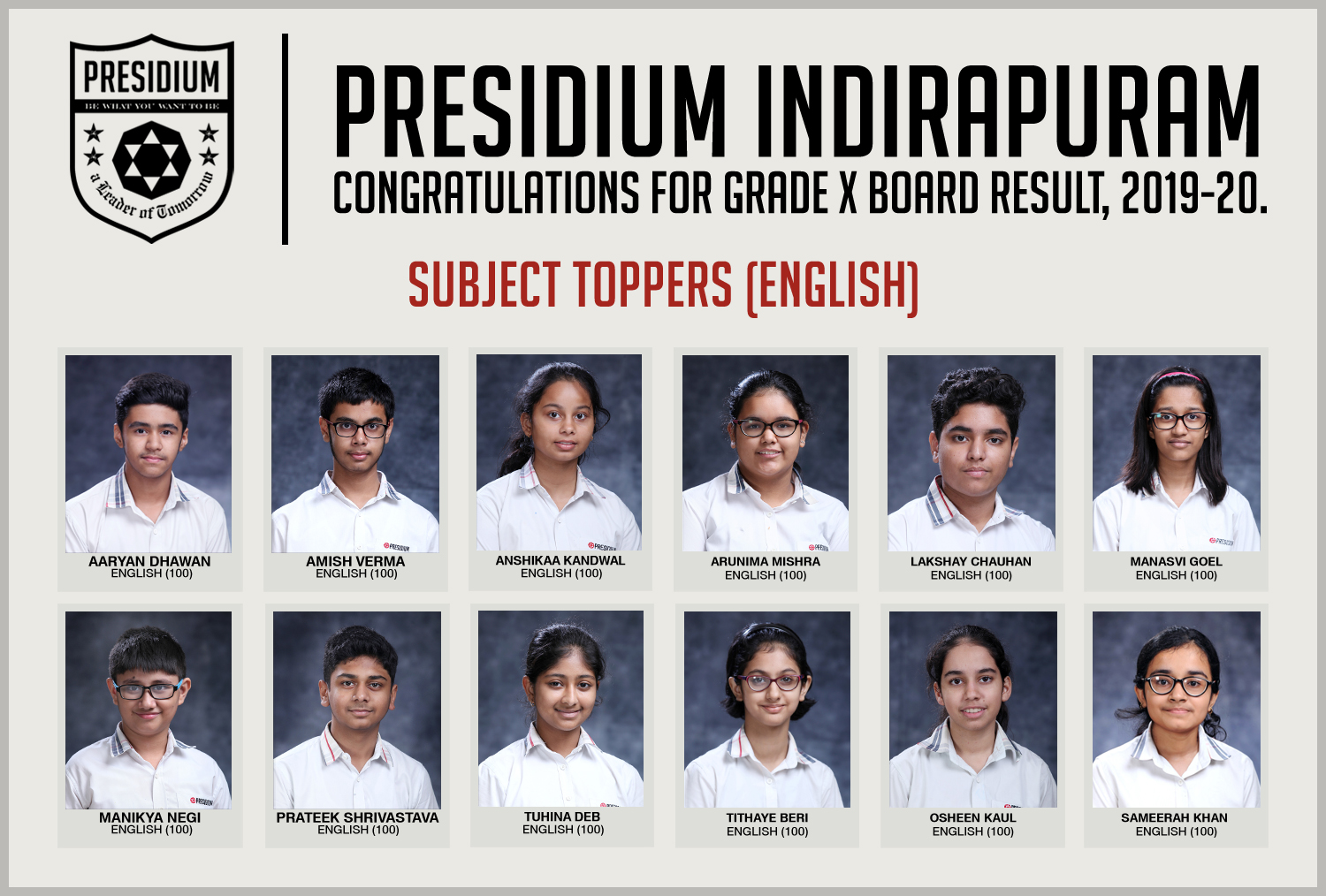 Presidium Indirapuram, KUDOS PRESIDIANS FOR EXCEPTIONAL XTH BOARD RESULTS (2019-20)